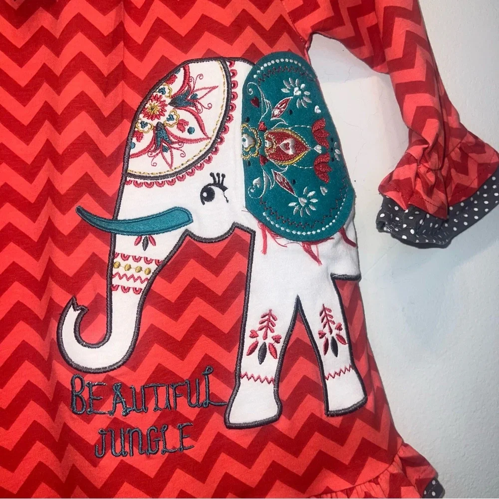 Counting Daisies Girls Orange Teal Long Sleeve Elephant Embroidered Dress Sz 4